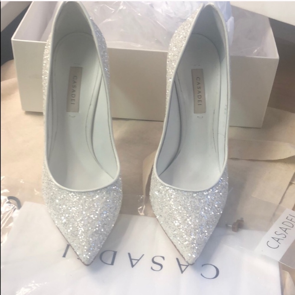 Italian Designer Casadei Glitter White Blade Pumps